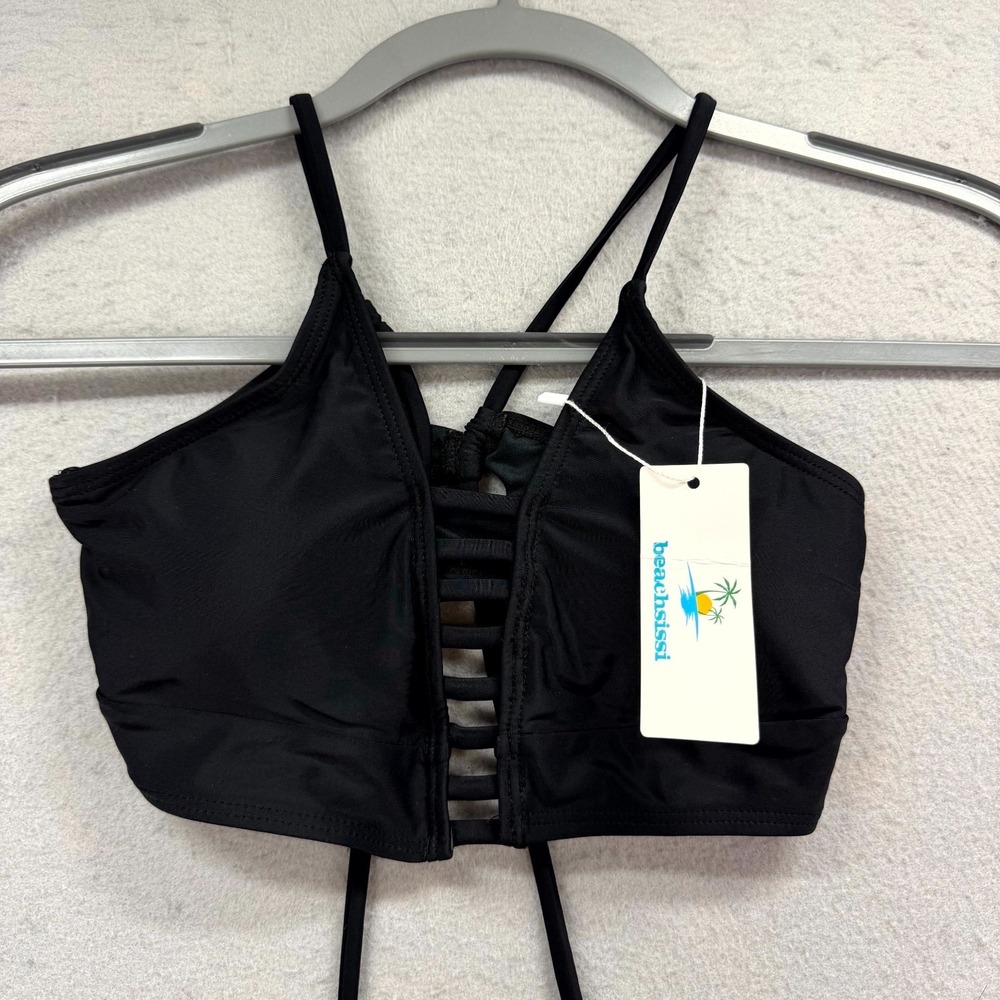Beachsissi Swimwear Bikini Top Womens M Black Removable Pads Strappy Halter Tie